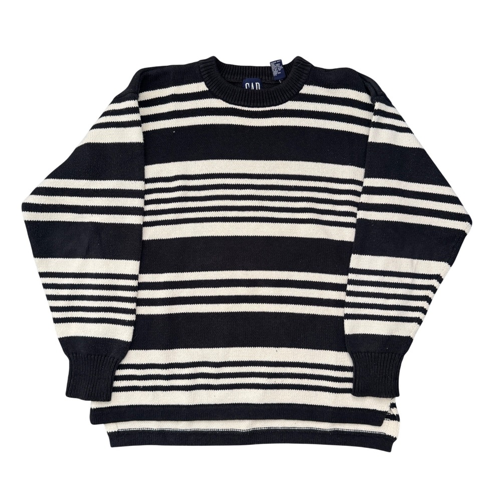 Gap Mens Striped Cotton Knit Sweater Black White Crewneck Size Medium Vintage